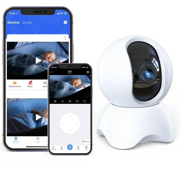 FEBFOXS Cámara de seguridad con monitor de bebé, cámara interior WiFi, 360 grados int