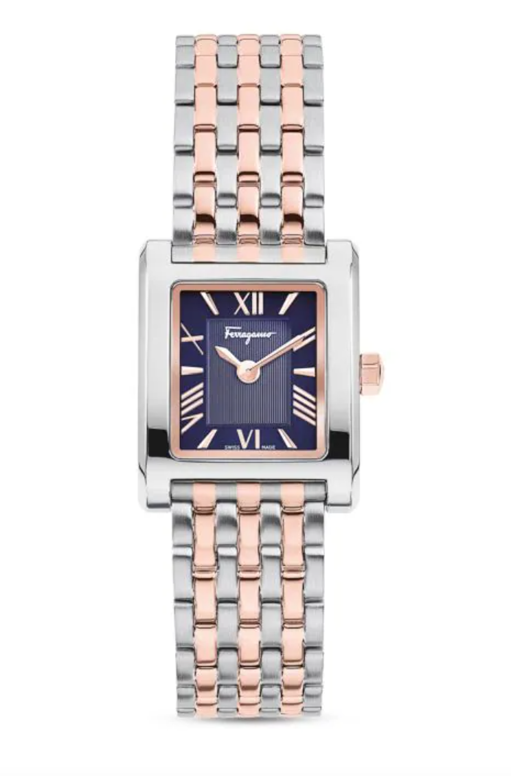 Ferragamo Reloj cuadrado Lace en oro rosa y acero inoxidable