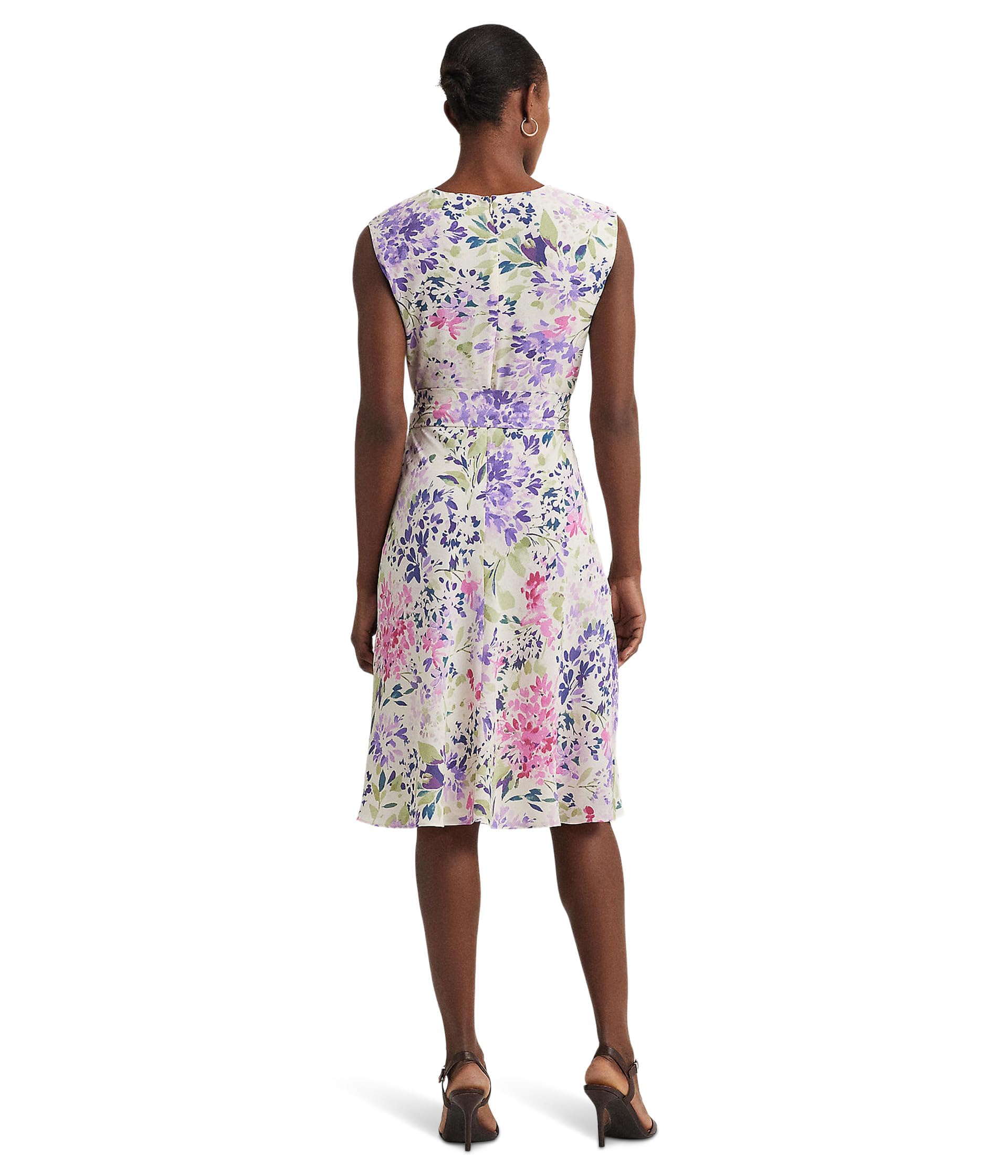 Lauren Ralph Lauren Vestido de crepé con cinturón floral para mujer, color crema, mul