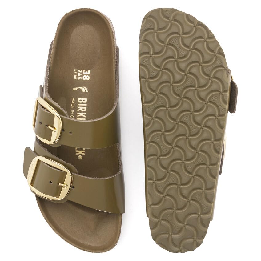 Birkenstock Arizona Sandalias con hebilla grande para mujer, color verde barro brilla