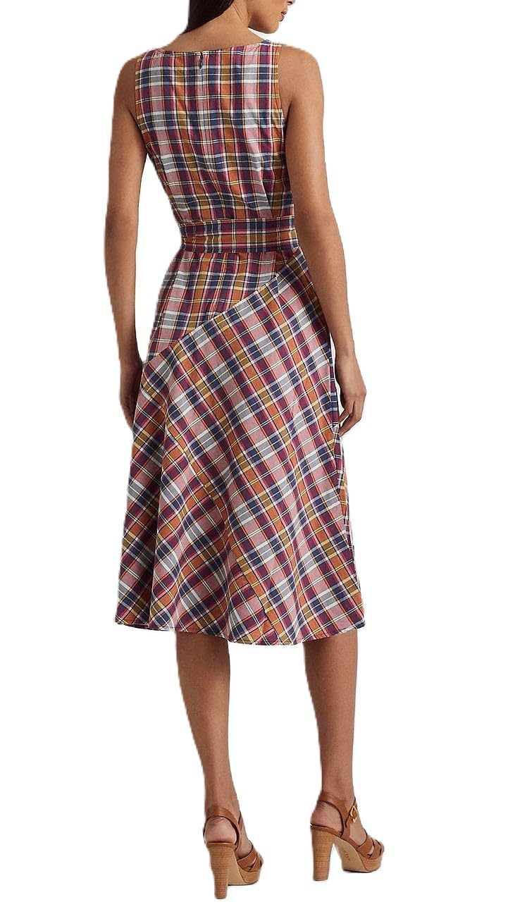 Lauren Ralph Lauren Vestido midi de algodón a cuadros Madras para mujer Rosa 12