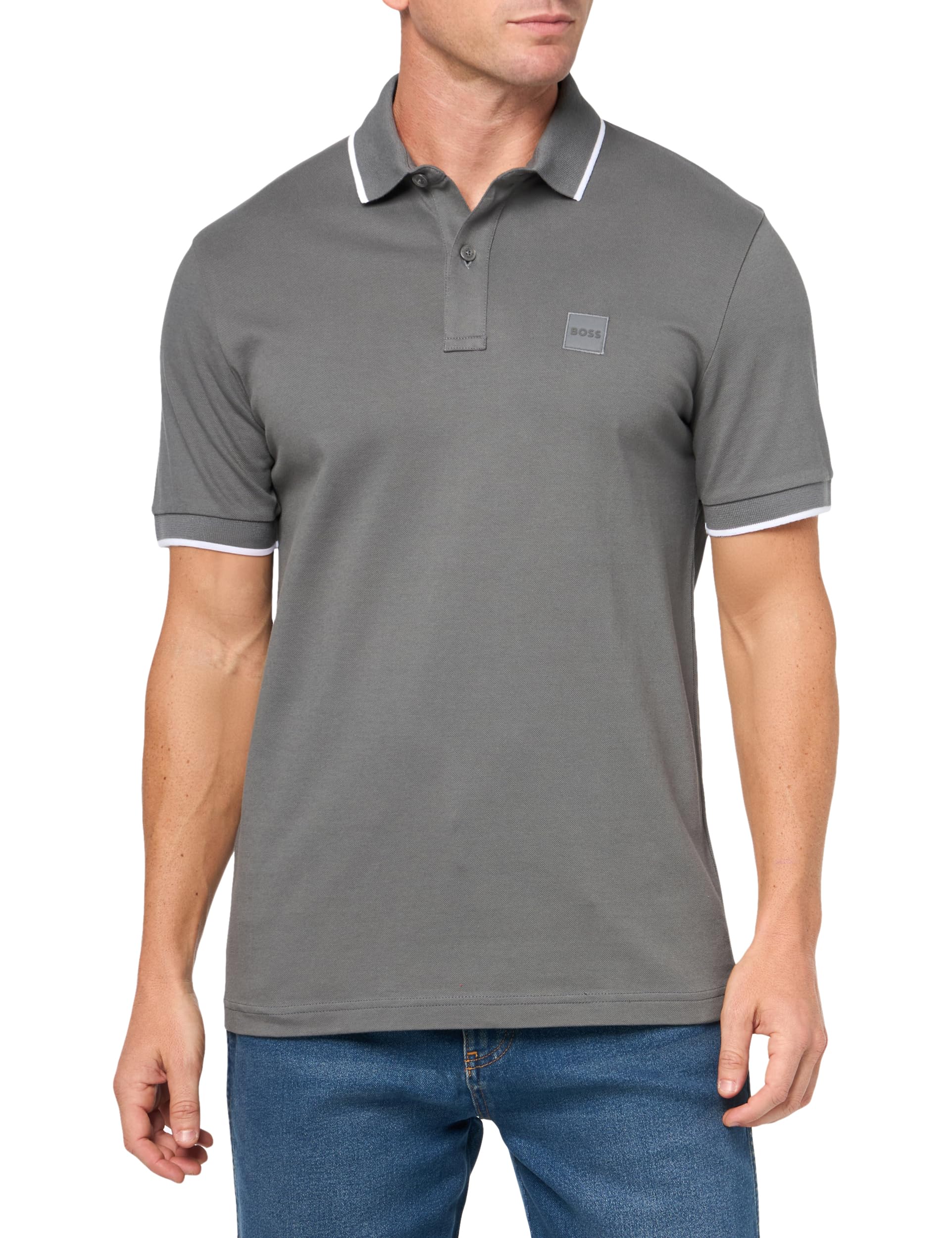 Polo de algodón de corte slim con logo y parche cuadrado de BOSS, Gris Hongo, XL
