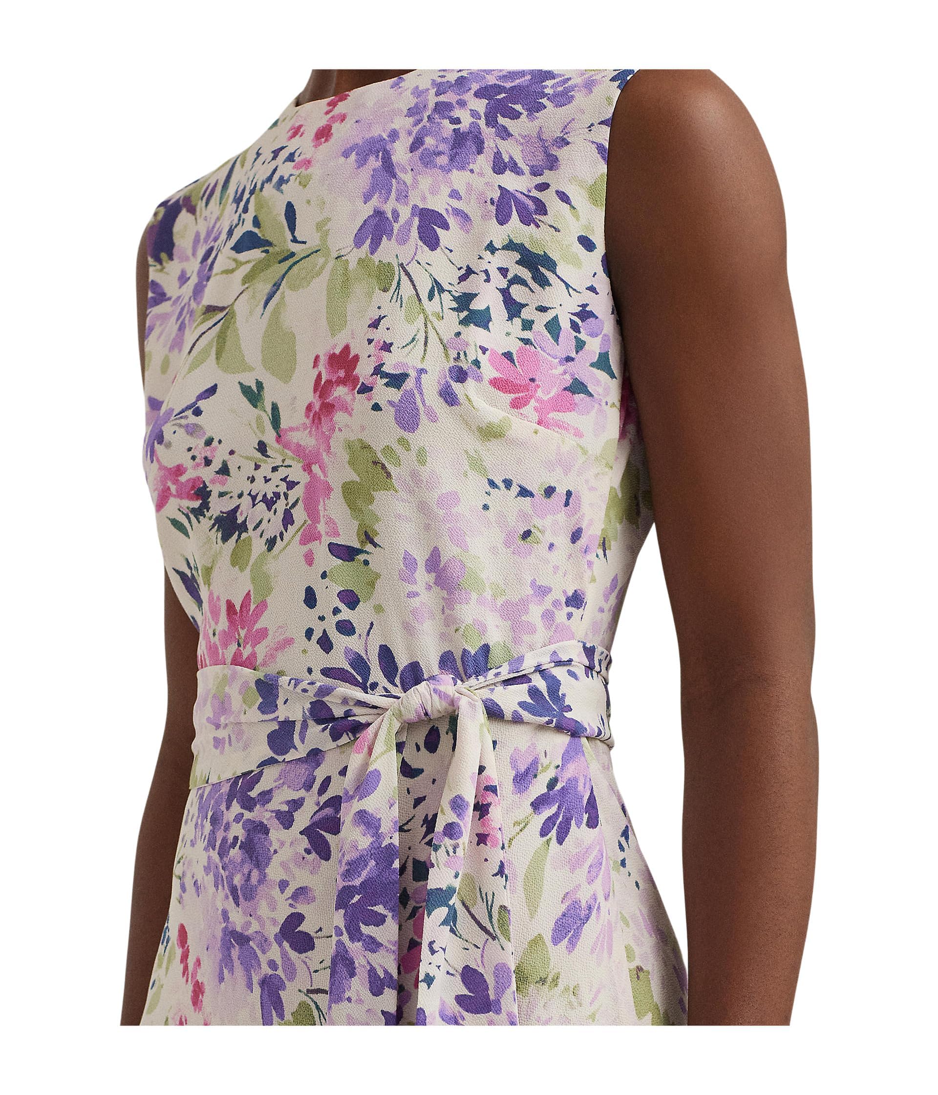 Lauren Ralph Lauren Vestido de crepé con cinturón floral para mujer, color crema, mul