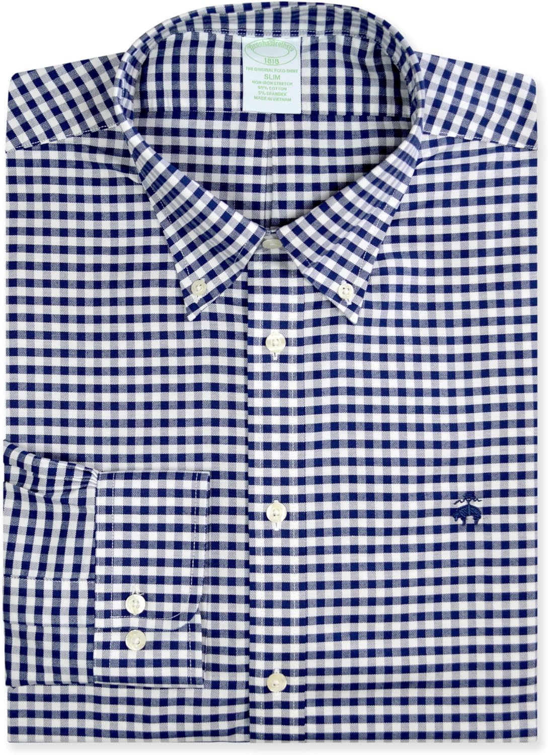 Brooks Brothers Camisa de vestir bordada a cuadros de mezcla de algodón de ajuste del