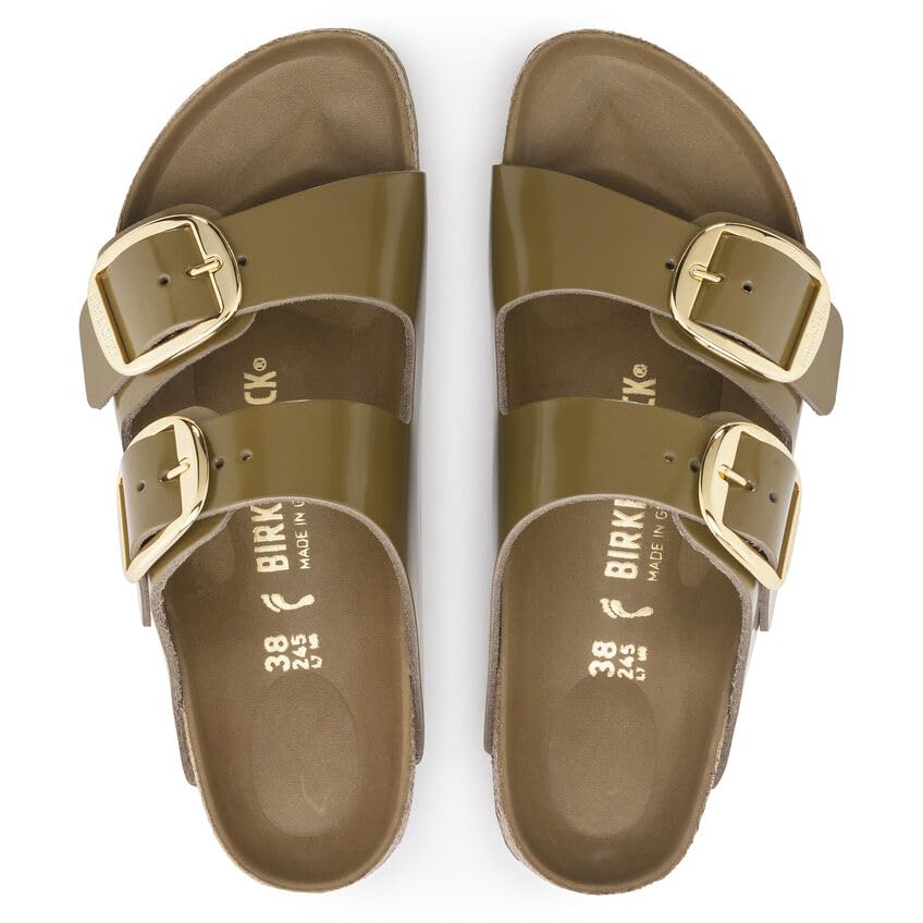Birkenstock Arizona Sandalias con hebilla grande para mujer, color verde barro brilla