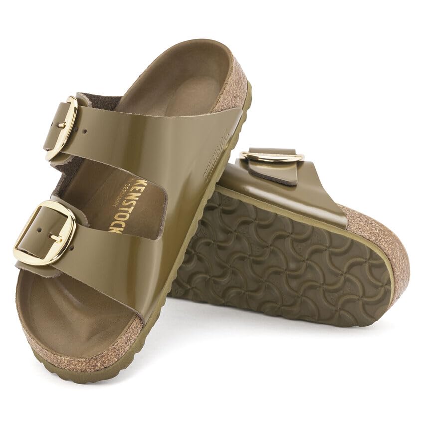 Birkenstock Arizona Sandalias con hebilla grande para mujer, color verde barro brilla