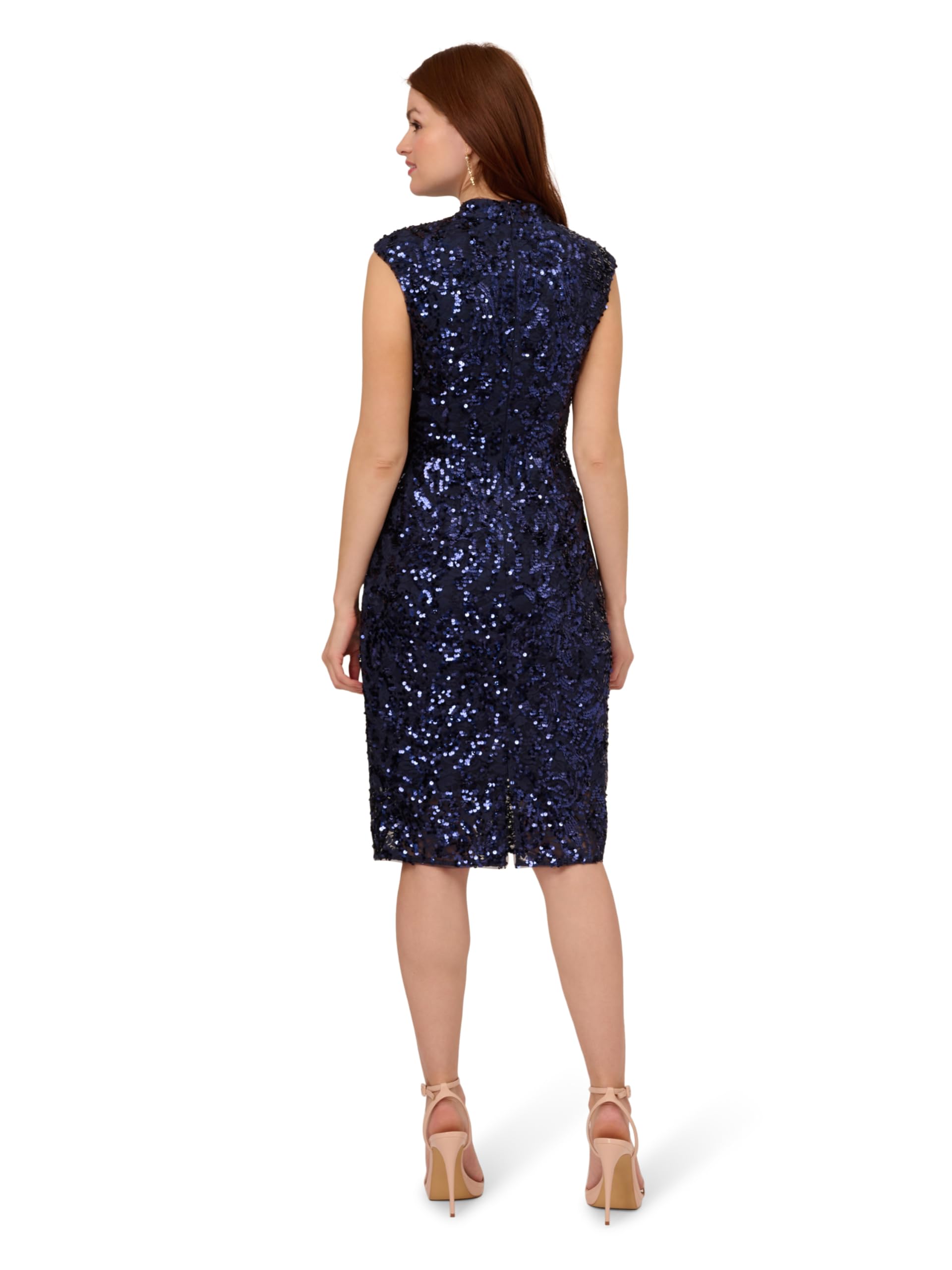 Adrianna Papell Vestido midi de encaje con lentejuelas para mujer, azul marino, 6