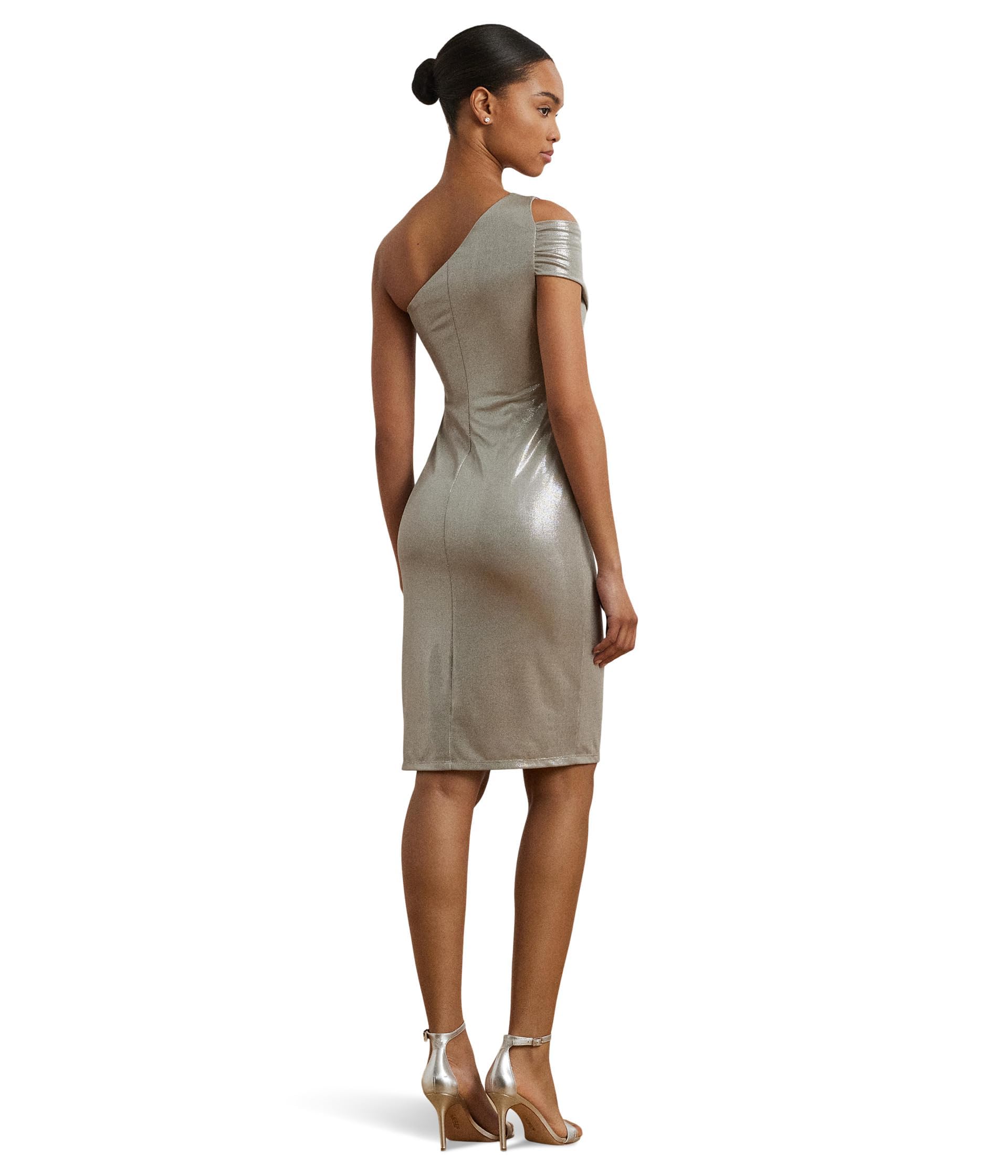Lauren Ralph Lauren Vestido de cóctel metálico con un solo hombro para mujer Níquel b