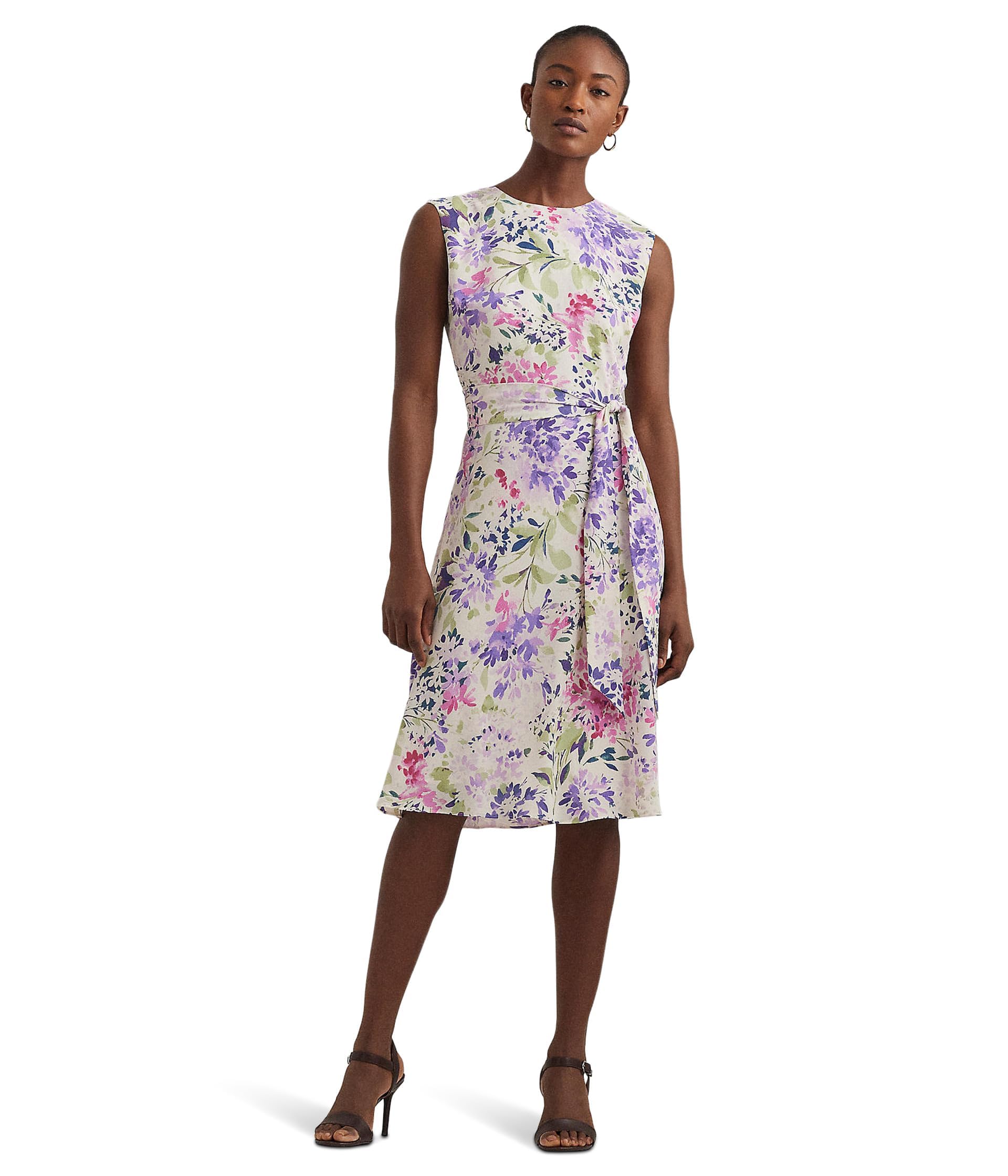 Lauren Ralph Lauren Vestido de crepé con cinturón floral para mujer, color crema, mul