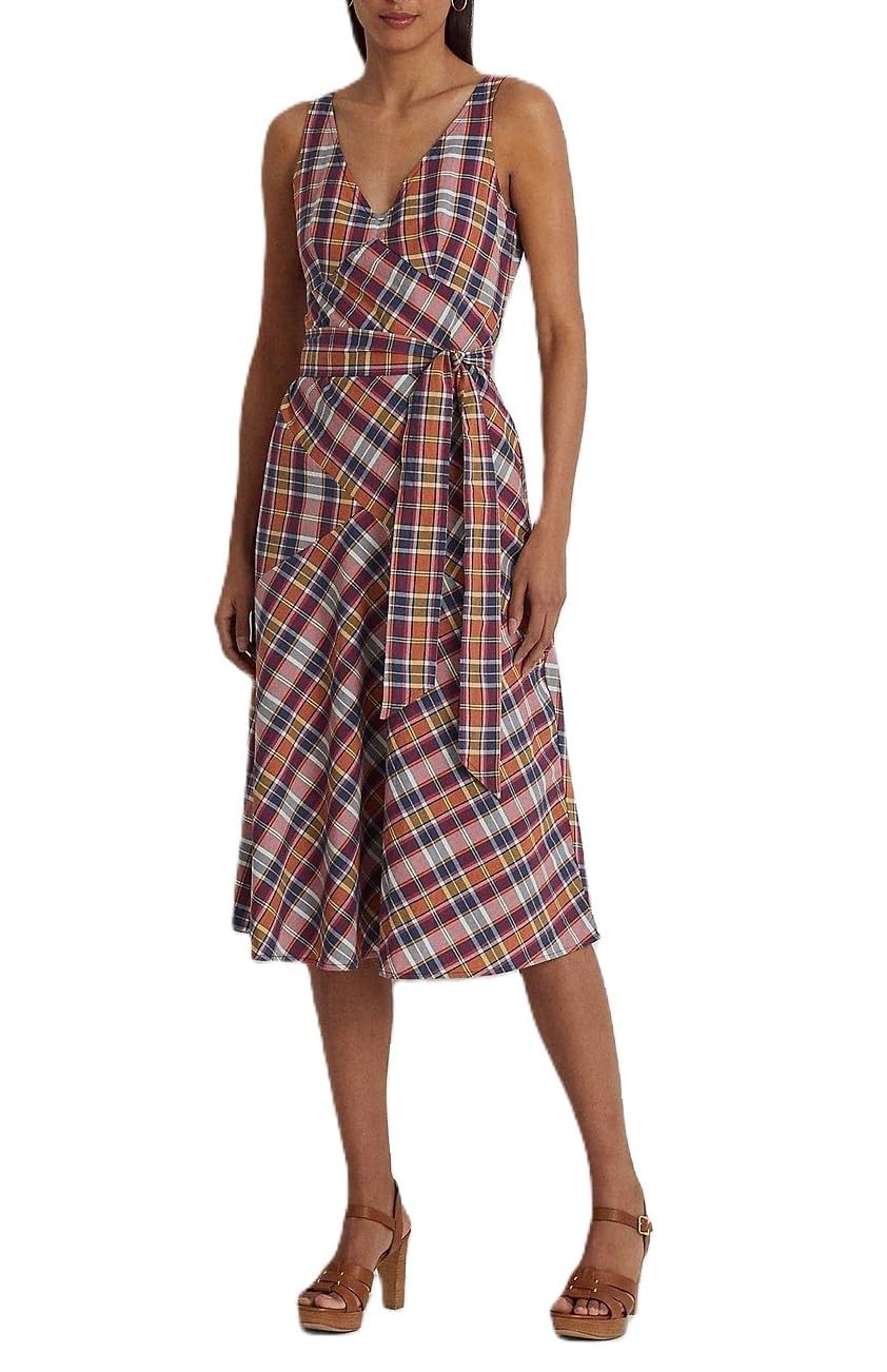 Lauren Ralph Lauren Vestido midi de algodón a cuadros Madras para mujer Rosa 12