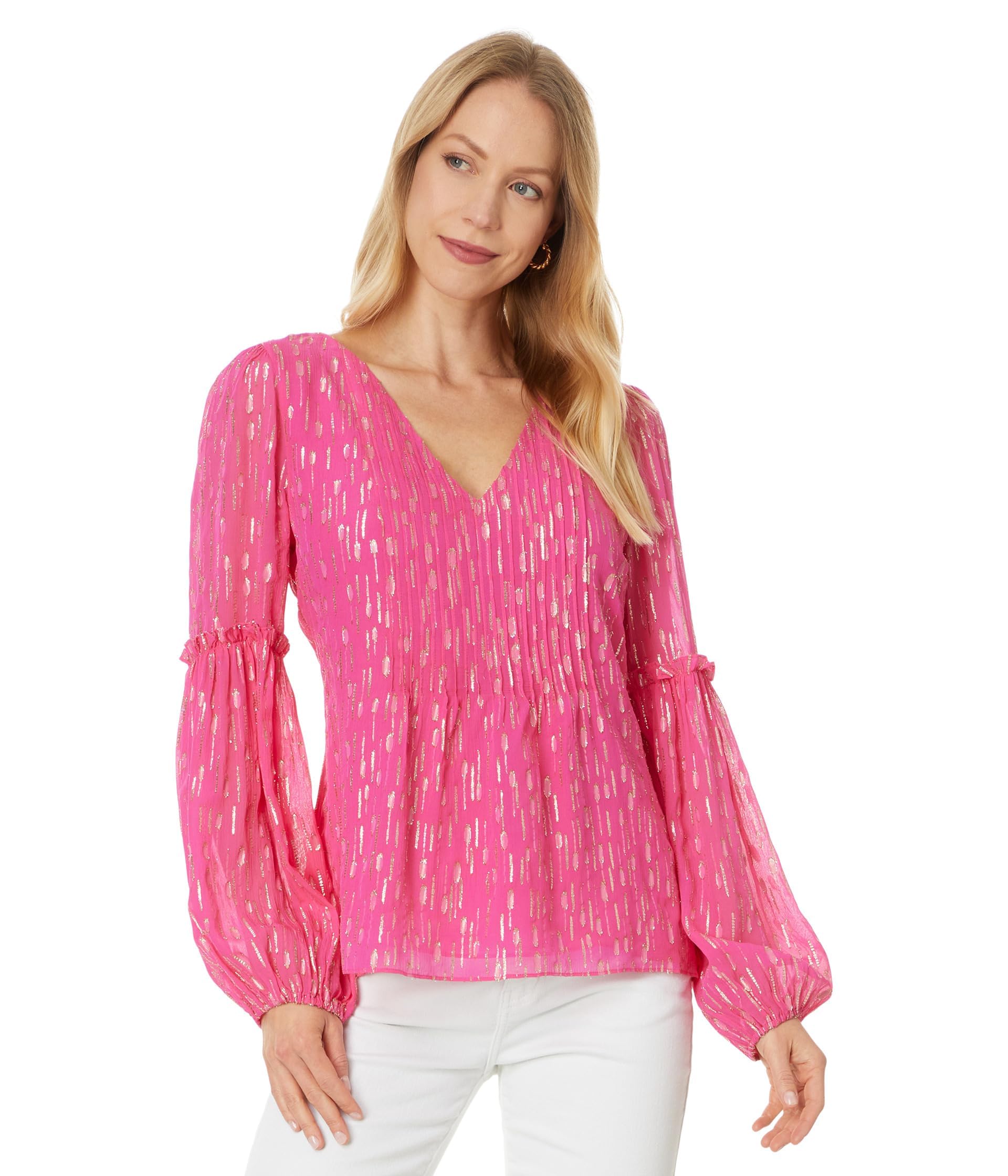 Lilly Pulitzer Mujer Cleme Top De Manga Larga Maracuyá Rosa Viscosa Mística Clip Metá