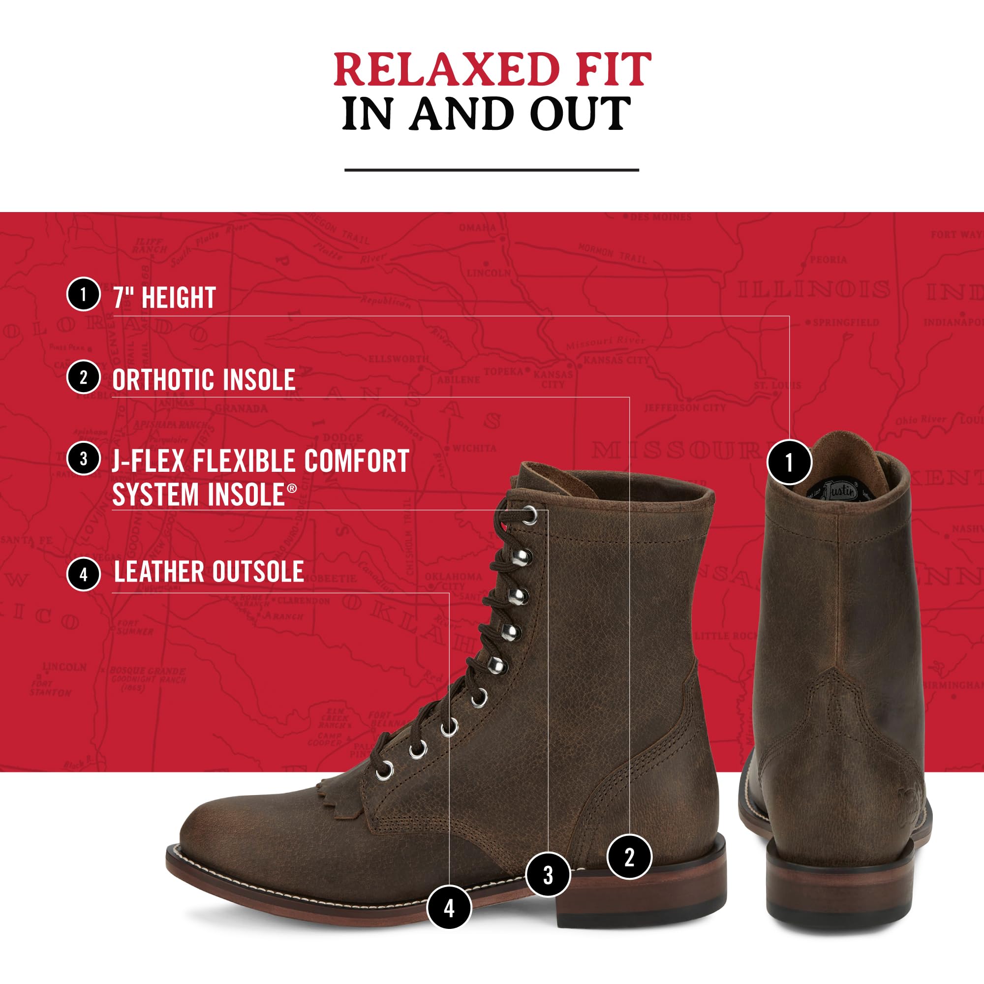 Justin Mckean Bota vaquera Roper con cordones de 7" para mujer, cuero duradero, estil