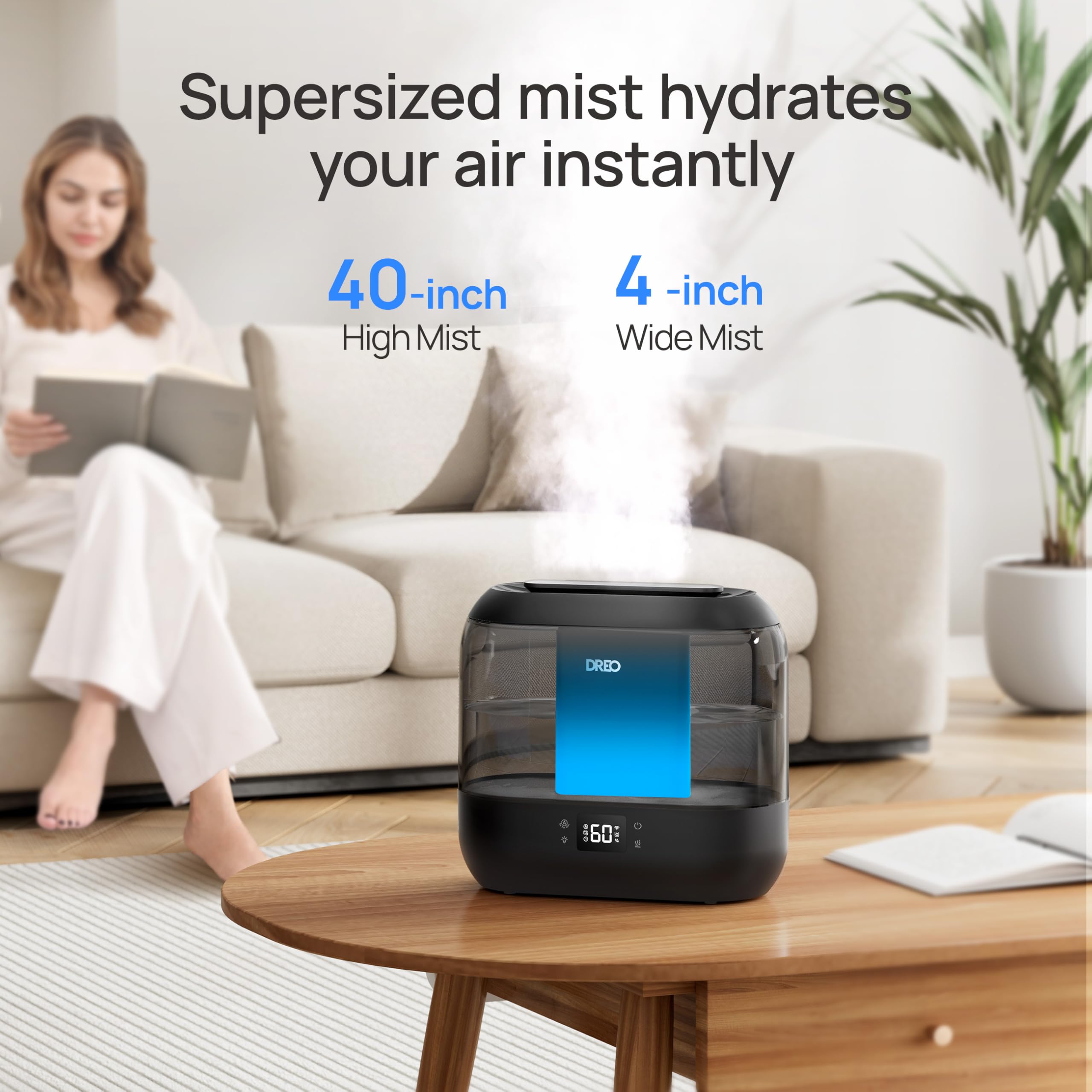Humidificadores inteligentes Dreo para dormitorio, humidificador de gran tamaño de 4 