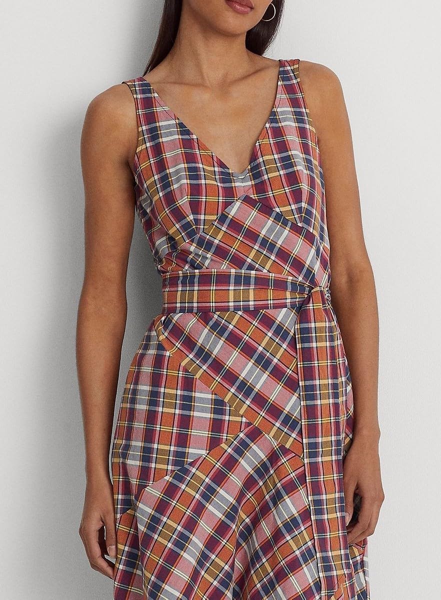 Lauren Ralph Lauren Vestido midi de algodón a cuadros Madras para mujer Rosa 12