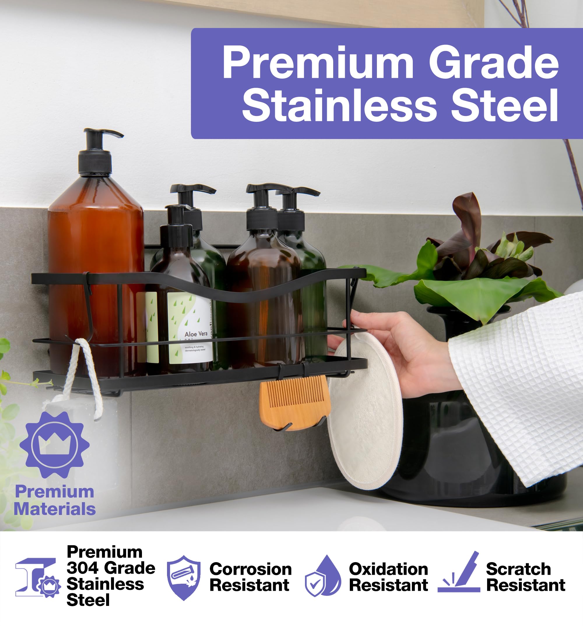 KINCMAX Organizador de ducha premium, organizador de ducha autoadhesivo con 4 ganchos