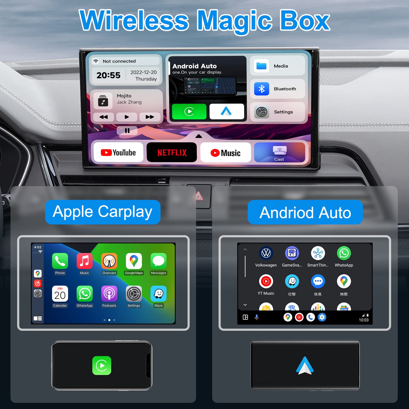 Adaptador inalámbrico 3 en 1 para Carplay y Android Auto con Netflix/YouTube/World TV