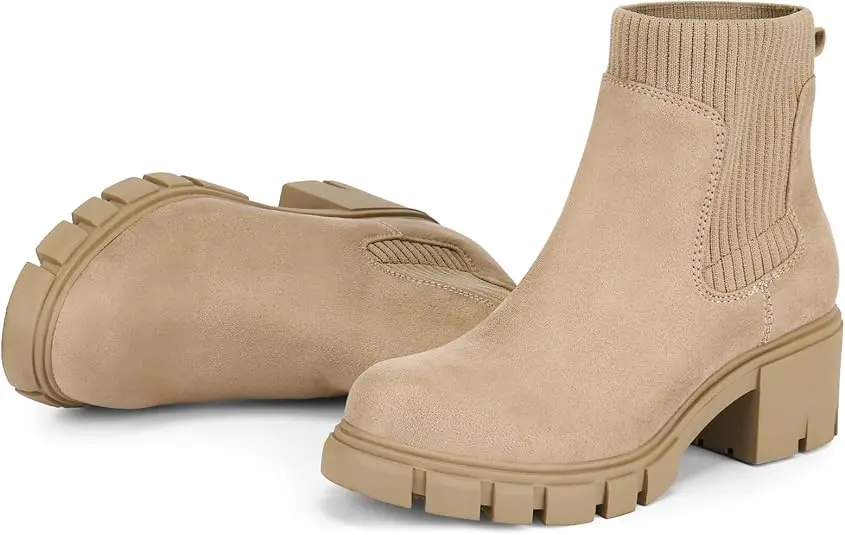 Botas Chelsea para mujer, botines de tobillo elásticos con tacón medio grueso
