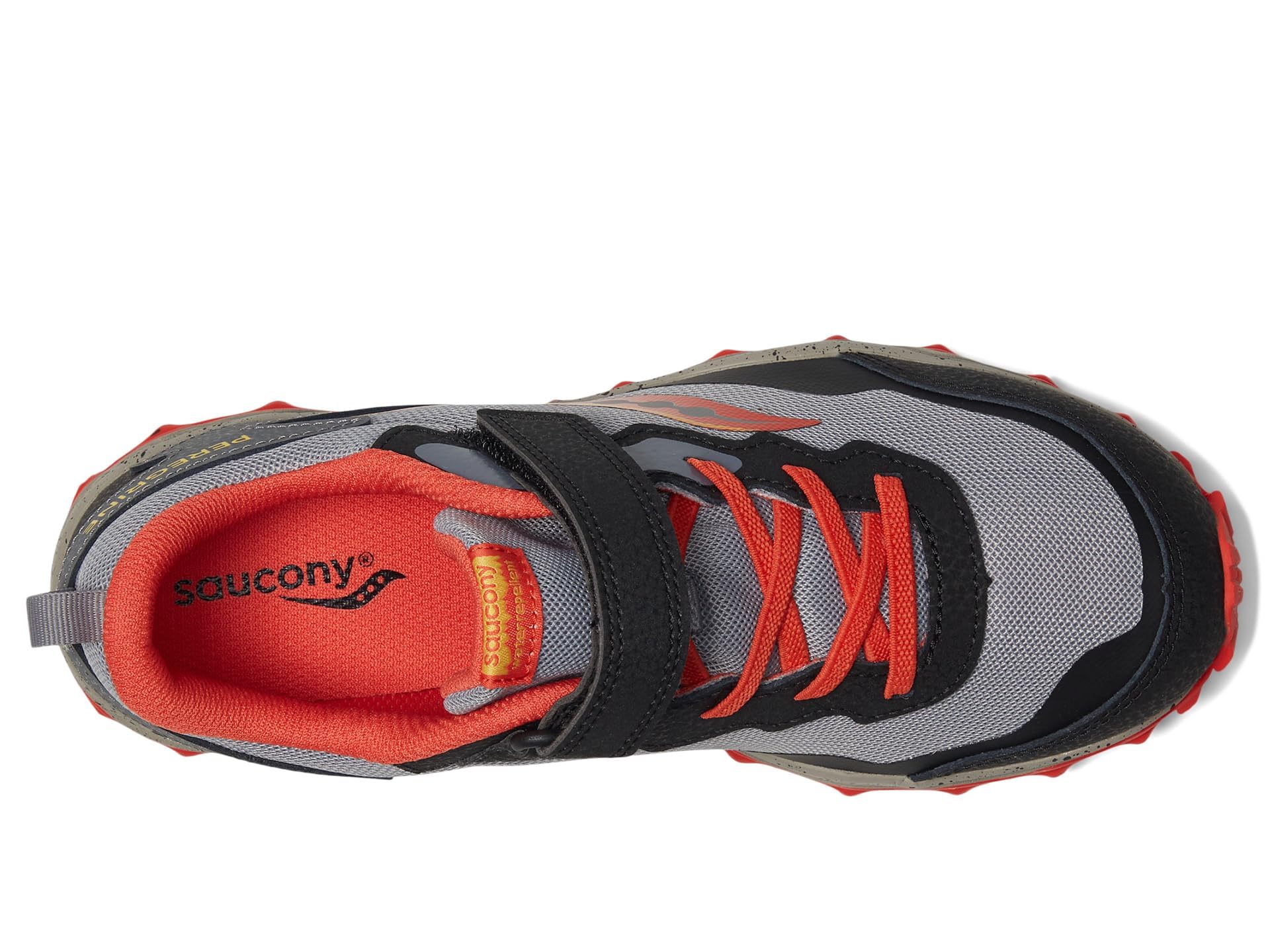 Tenis Saucony(R) Kids Peregrine Shield KDZ A/C para Niños - Parte Superior en Cuero - Forro PET - Suela Resistente Gris/Rojo/Amarillo 12.5 Little Kid M