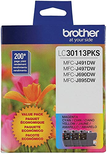 Brother LC30113PKS, paquete de 3 cartuchos de tinta de color de rendimiento estándar, rendimiento de páginas