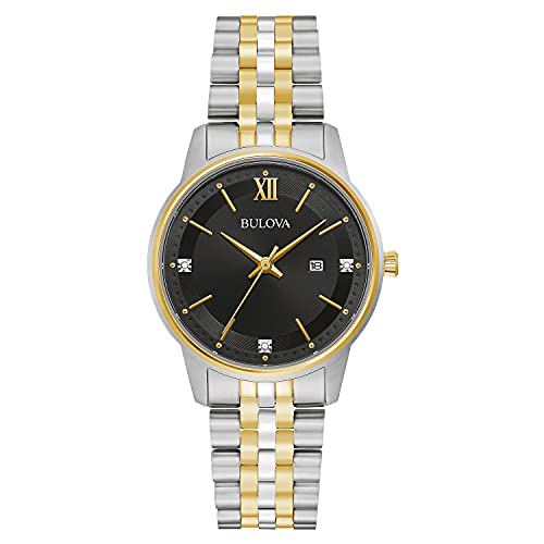 Bulova Calendario clásico de 3 manecillas de acero inoxidable dorado bicolor con diamantes para mujer Dat