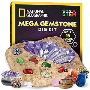 Kit de excavación de mega piedras preciosas de NATIONAL GEOGRAPHIC: desenterrar 15 piedras preciosas y cristales reales
