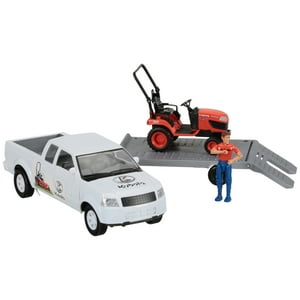 Camioneta y remolque Kubota 1/18 con cortacésped, figura y accesorios de New Ray