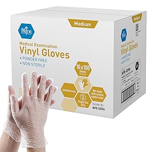 MED PRIDE Guantes de examen de vinilo transparente medianos, 1000 unidades, sin látex, ultra fuertes