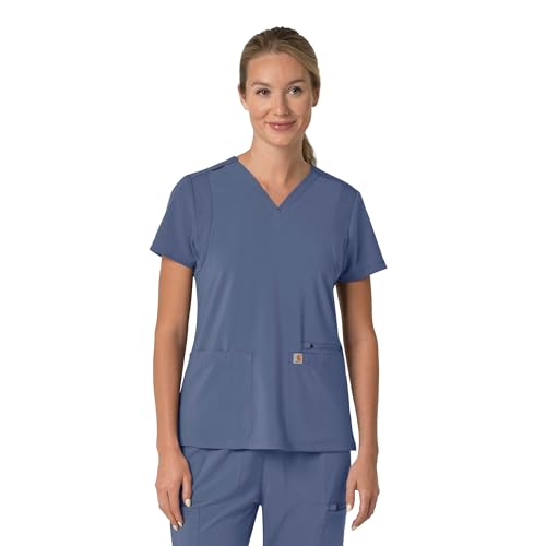 Camiseta médica Carhartt Force Cross-Flex con panel flexible y cuello en V para mujer - Riverside, M
