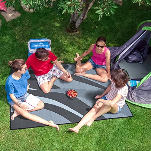 Elegante tapete para patio GA1 con gráfico reversible para acampar, 8' x 12', negro/plateado
