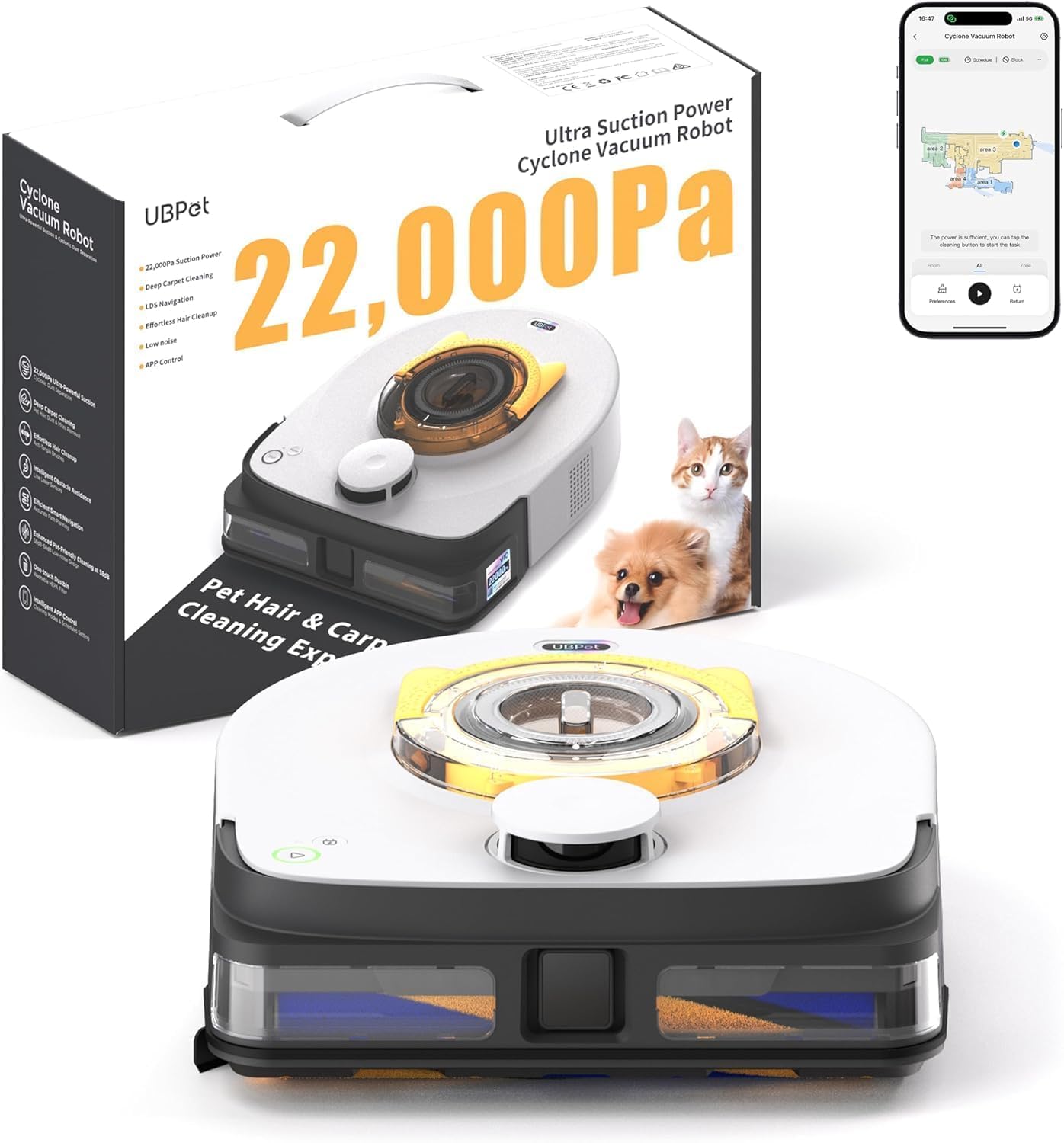 Aspirador robot UBPET con succión ultrafuerte de 22.000 Pa - Aspirador robot automático f