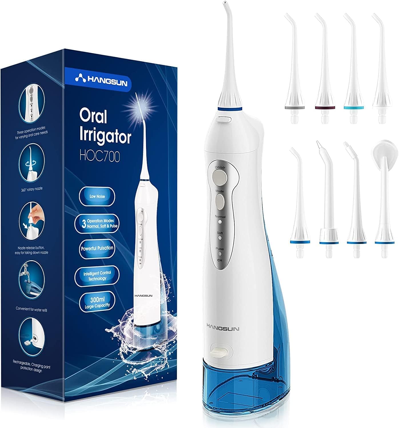 Hangsun Water Flosser Irrigador bucal inalámbrico Chorro de agua dental recargable HOC7