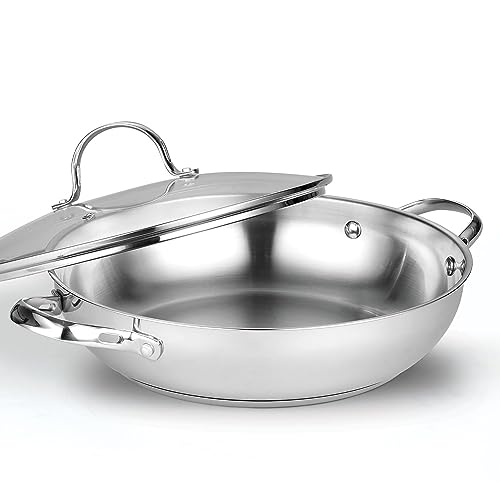 Cooks Standard Classic Sartén Wok de acero inoxidable de 12 pulgadas con tapa de vidrio,