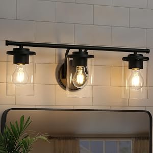 GEPOW Lámparas de baño negras, 3 luces de tocador modernas de granja con