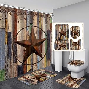 OLEBETY - Juego de 4 cortinas de ducha occidentales con estrella de Texas marrón, vid de bayas primitivas C