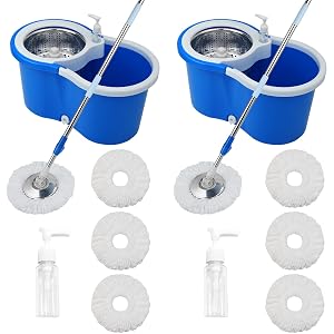 Juego de fregona y cubo, fregona y cubo giratorio 360^0 con juego de escurridor y 6 microfibras