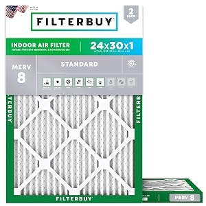 Filterbuy Filtro de aire 24x30x1 MERV 8 Essential Dust & Allergy Defense (paquete de 2), E