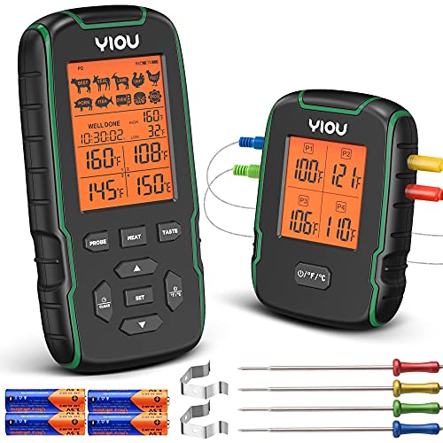 YIOU Termómetro inalámbrico para carne para cocinar, termómetro digital para carne con 4 sondas