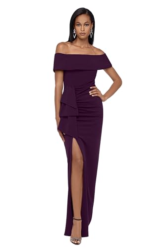 Xscape Vestido largo de crepé con hombros descubiertos y abertura para mujer (Reg y Petite), Mu