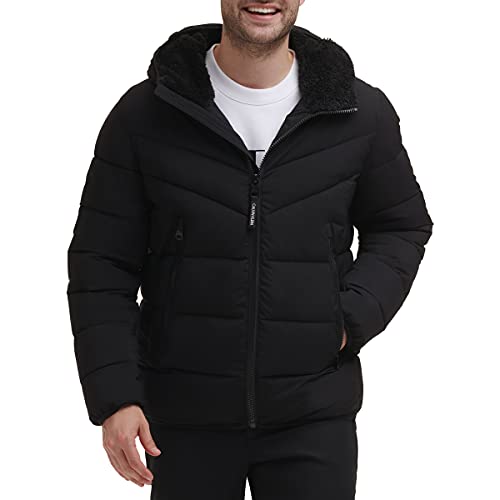 Abrigo de invierno para hombre Calvin Klein - Chaqueta elástica acolchada con capucha Sherpa, Ébano,