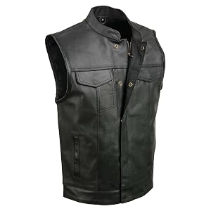 Chaleco de cuero para motocicleta para hombre con cremallera y cierre a presión con 2 bolsillos interiores para armas