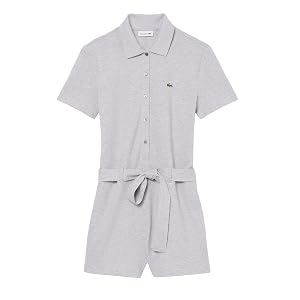 Lacoste Mono corto con cuello tipo polo de piqué elástico para mujer, Chambray, 4