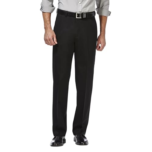 Haggar Pantalón frontal plano con cintura expandible, color caqui, ajuste clásico, sin planchar, para hombre