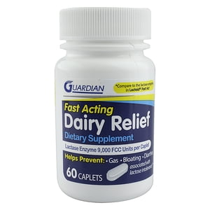 Cápsulas Guardian Dairy Relief Fast Act, 9000 FCC, enzima lactasa (60 cápsulas)