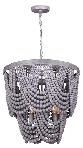 Lámpara de araña Canarm Solana de 5 luces, acabado gris con cuentas de madera auténtica, techo bohemio