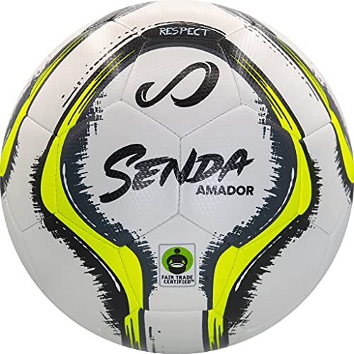 Balón de fútbol de entrenamiento SENDA Amador, certificado de comercio justo, blanco/amarillo, talla 4 (A