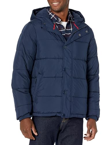 Amazon Essentials Abrigo acolchado pesado con capucha para hombre, azul marino, mediano