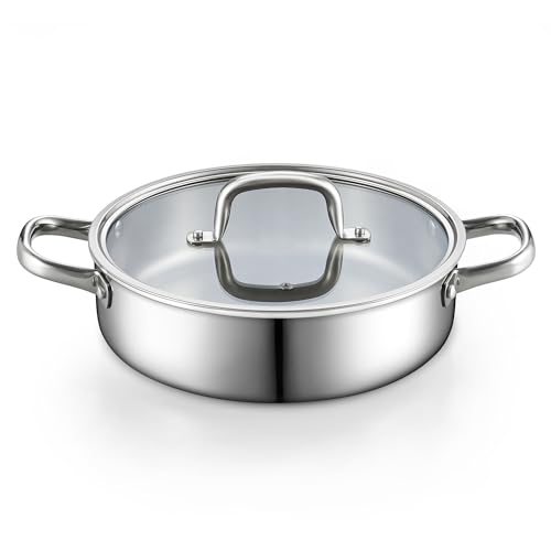 Cook N Home Classic Sartén para saltear de acero inoxidable con revestimiento triple de 4 cuartos, 10.5 pulgadas De