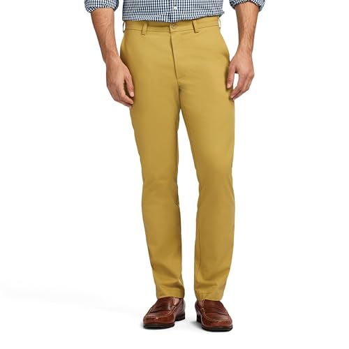 IZOD Pantalones chinos americanos de corte recto con frente plano para hombre, color caqui, 32 W x 32 L