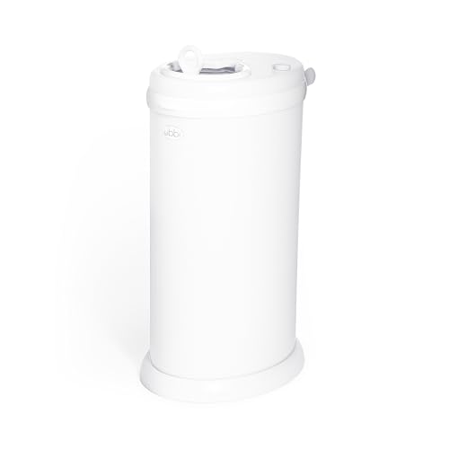 Cubo para pañales Ubbi de acero inoxidable, sin bolsas especiales, con bloqueo de olores, blanco