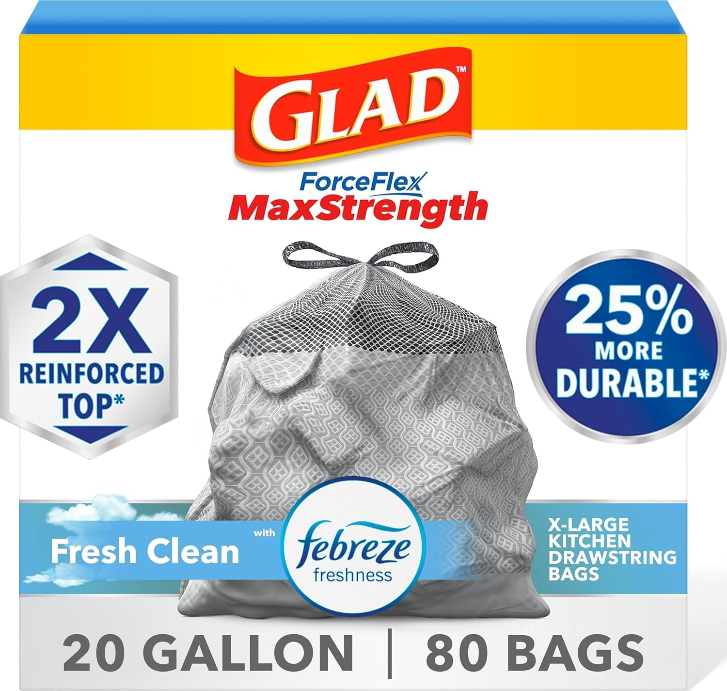 Bolsas de basura de cocina Glad ForceFlex MaxStrength, resistentes a desgarros y desgarros, Fresh Cle